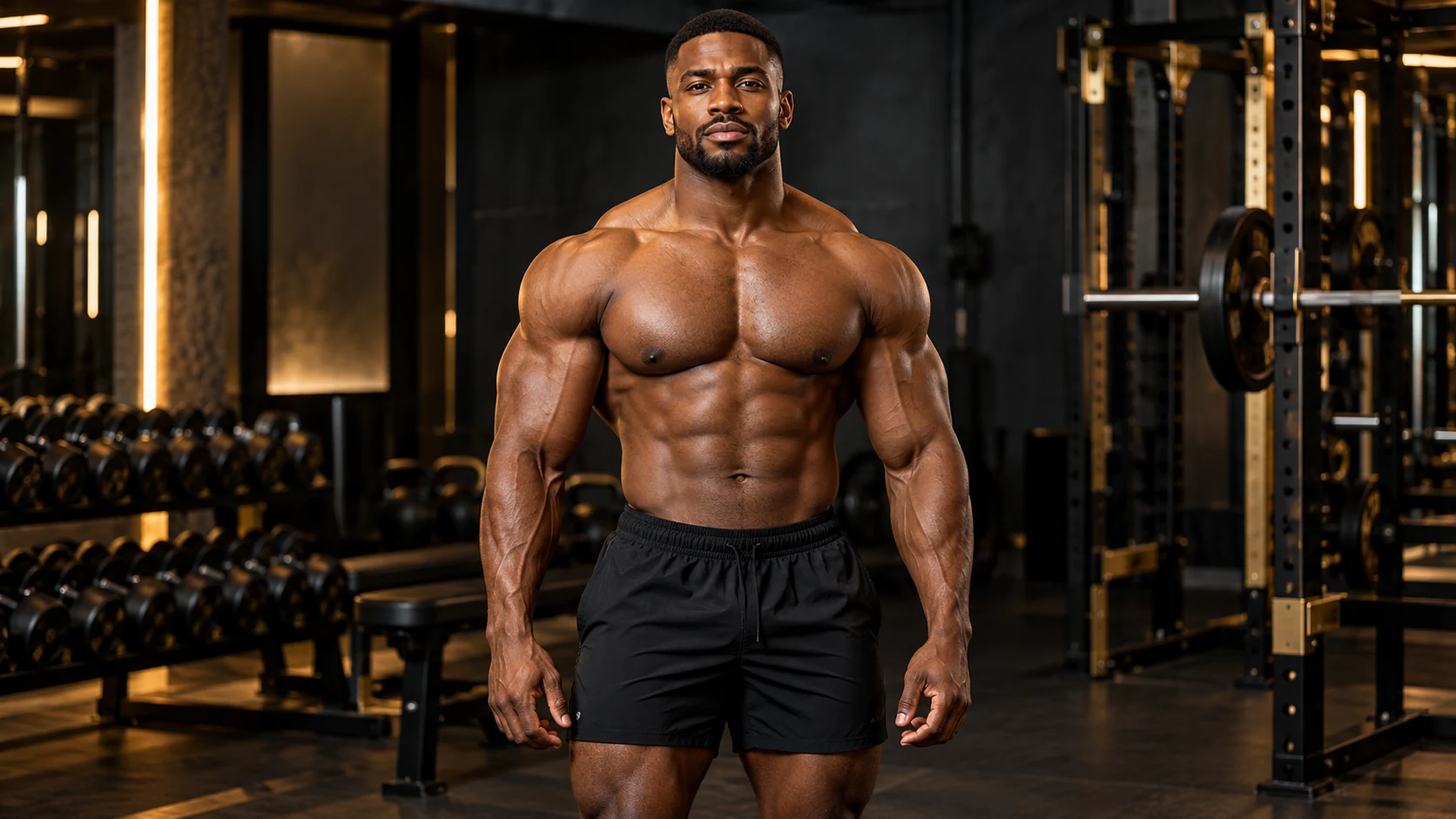 Fictional adult male bodybuilder in a gym, an original fitness illustration for Pro Card Press
